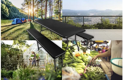 Stół składany czarny 180 cm + 2 ławki