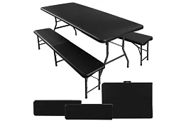 Stół składany czarny 180 cm + 2 ławki