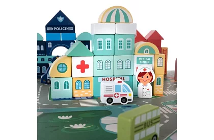 Drewniane klocki miasto 100 szt. z podkładką i sorterem kształtów