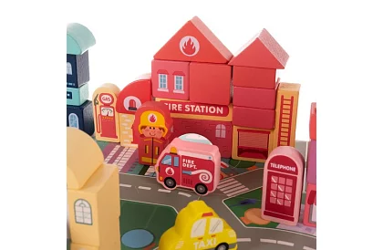 Drewniane klocki miasto 100 szt. z podkładką i sorterem kształtów