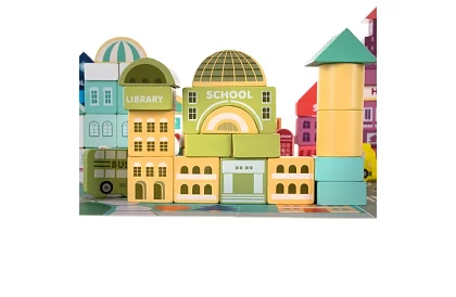 Drewniane klocki miasto 100 szt. z podkładką i sorterem kształtów