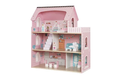 Drewniany domek dla lalek z oświetleniem LED + meble i akcesoria