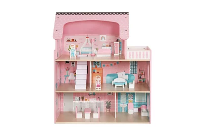 Drewniany domek dla lalek z oświetleniem LED + meble i akcesoria