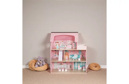 Drewniany domek dla lalek z oświetleniem LED + meble i akcesoria