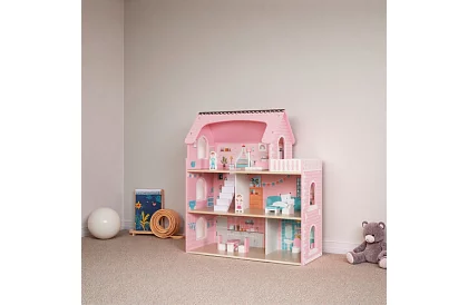 Drewniany domek dla lalek z oświetleniem LED + meble i akcesoria