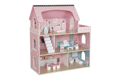 Drewniany domek dla lalek z oświetleniem LED + meble i akcesoria