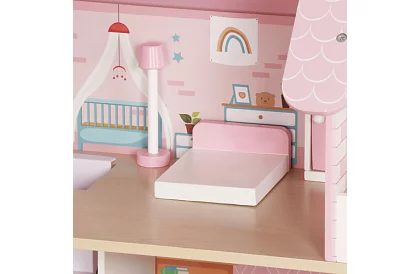 Drewniany domek dla lalek z oświetleniem LED + meble i akcesoria