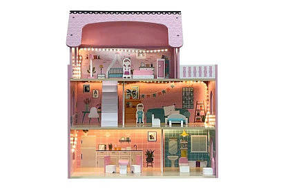 Drewniany domek dla lalek z oświetleniem LED + meble i akcesoria