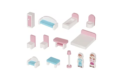 Drewniany domek dla lalek z oświetleniem LED + meble i akcesoria