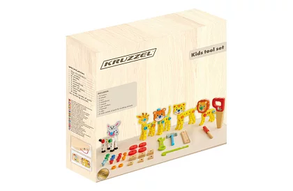 Drewniana skrzynka z narzędziami i zwierzątkami - elementy wkręcane