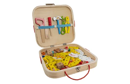 Drewniana skrzynka z narzędziami i zwierzątkami - elementy wkręcane