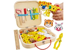 Drewniana skrzynka z narzędziami i zwierzątkami - elementy wkręcane