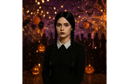 Długa czarna peruka z warkoczami - Wednesday