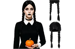 Długa czarna peruka z warkoczami - Wednesday