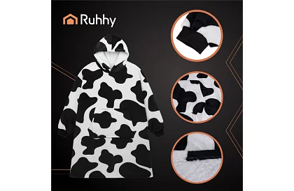 Oversize ciepła długa bluza – czarno-biały wzór w krowy