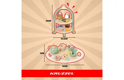 Duża drewniana zielona zestaw herbaciany + stojak na ciasta