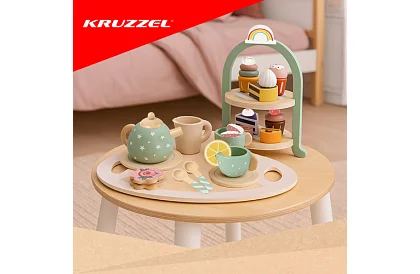 Duża drewniana zielona zestaw herbaciany + stojak na ciasta