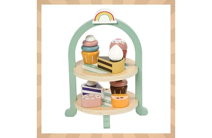 Duża drewniana zielona zestaw herbaciany + stojak na ciasta