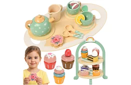 Duża drewniana zielona zestaw herbaciany + stojak na ciasta