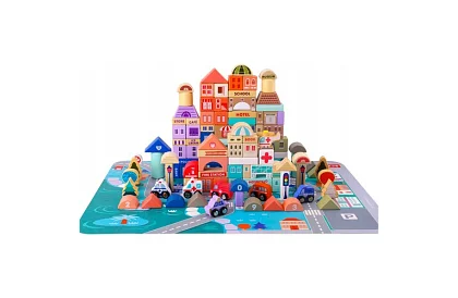 Drewniane klocki – Miasto 115 sztuk z podkładką