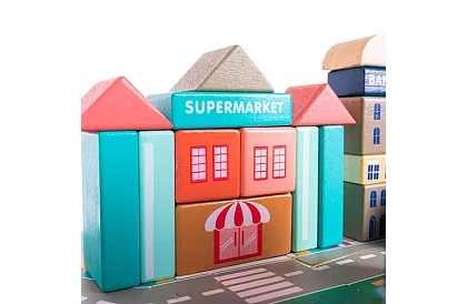 Drewniane klocki – Miasto 115 sztuk z podkładką