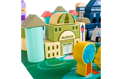 Drewniane klocki – Miasto 115 sztuk z podkładką