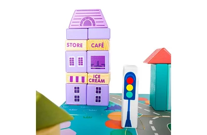 Drewniane klocki – Miasto 115 sztuk z podkładką