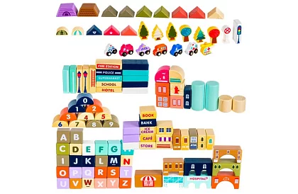 Drewniane klocki – Miasto 115 sztuk z podkładką