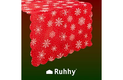 Długi czerwony bieżnik świąteczny z płatkami śniegu – 150 x 35 cm