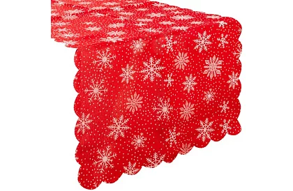 Długi czerwony bieżnik świąteczny z płatkami śniegu – 150 x 35 cm