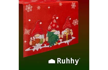 Długi bieżnik świąteczny 220 x 40 cm – czerwony z elfami