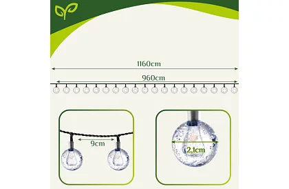 Dekoracyjny zewnętrzny łańcuch solarny Balls – 10 metrów, ciepła biała