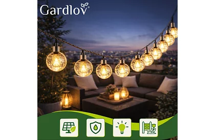 Dekoracyjny zewnętrzny łańcuch solarny Balls – 7 metrów, ciepła biała