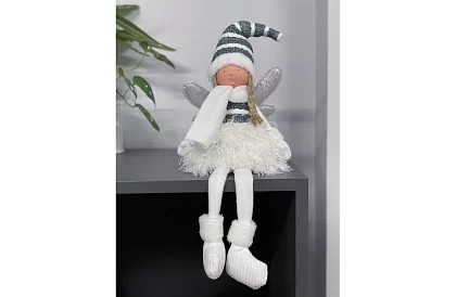 Świąteczna siedząca biała wróżka z skrzydłami – 32 cm