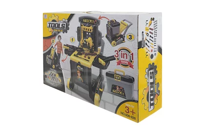 Warsztat dziecięcy 3w1, wózek z narzędziami - 59 elementów