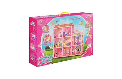 Trzypiętrowy domek dla lalek z balkonem + lalka + 22 sztuki mebli