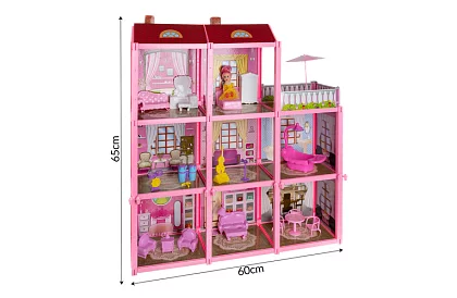 Trzypiętrowy domek dla lalek z balkonem + lalka + 22 sztuki mebli