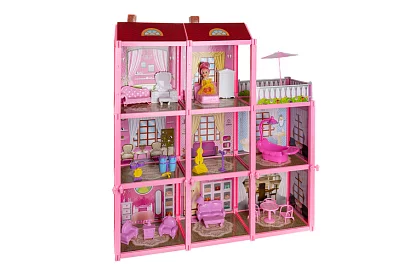Trzypiętrowy domek dla lalek z balkonem + lalka + 22 sztuki mebli
