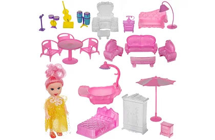 Trzypiętrowy domek dla lalek z balkonem + lalka + 22 sztuki mebli