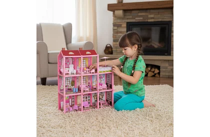 Trzypiętrowy domek dla lalek z balkonem + lalka + 22 sztuki mebli