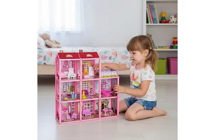 Trzypiętrowy domek dla lalek z balkonem + lalka + 22 sztuki mebli