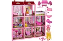 Trzypiętrowy domek dla lalek z balkonem + lalka + 22 sztuki mebli