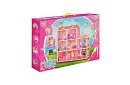 Trzypiętrowy domek dla lalek z balkonem + lalka + 22 sztuki mebli