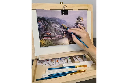 Zestaw artystycznych farb 45 sztuk w drewnianym etui z stojakiem