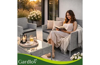 Zestaw mebli ogrodowych – stół, sofa, 2 krzesła – szary