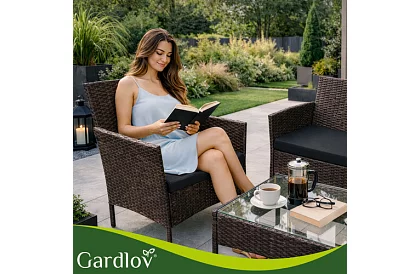 Zestaw mebli ogrodowych – stół, sofa, 2 krzesła – brązowy