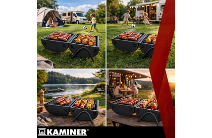 Grill kempingowy na węgiel drzewny – 2 ruszty, termometr