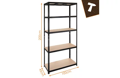 Skladowy czarny regał – 5 półek, 220 × 100 × 45 cm