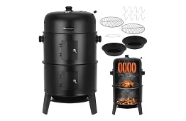 Grill ogrodowy z wędzarnią na węgiel drzewny - 2 ruszty, 8 haków