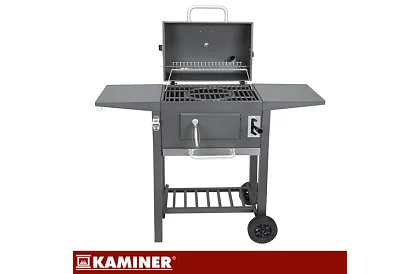 Grill ogrodowy z żeliwnym rusztem, pokrywą - na węgiel drzewny